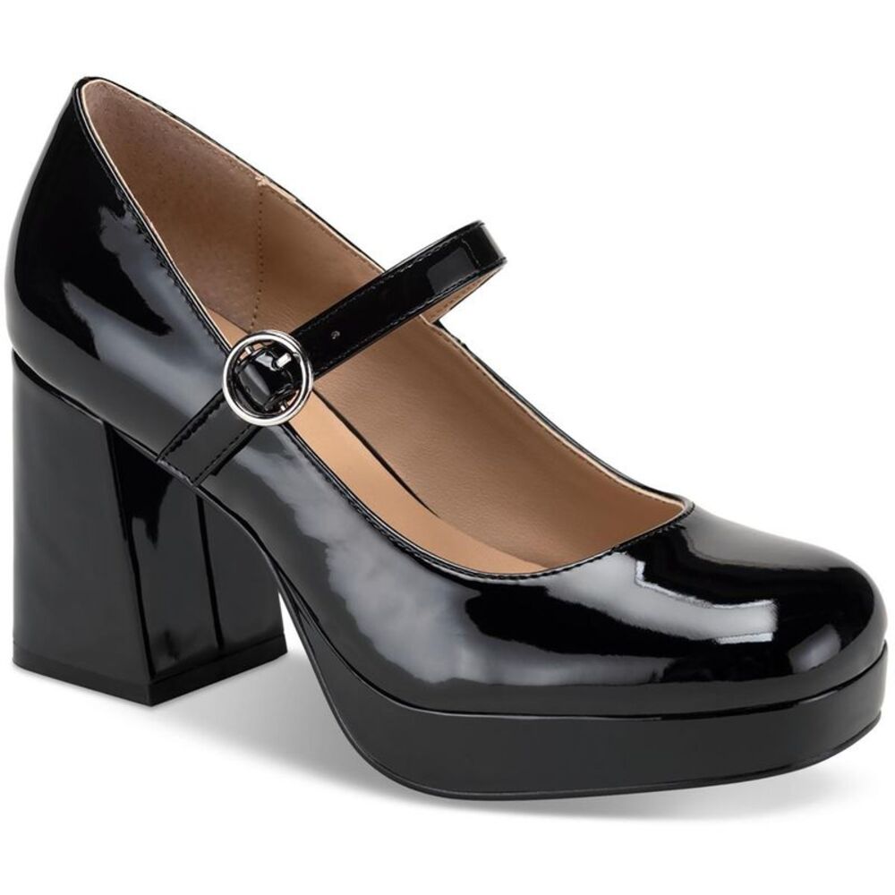 Sun + Stone Black Block Heel Patent Leather Heels